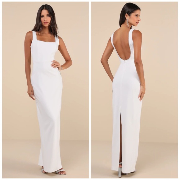 Lulus Timeless Poise White Rhinestone Square Neck Backless Maxi Dress Small NEW - Picture 1 of 16